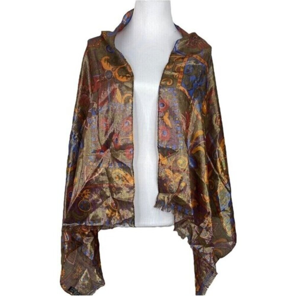 Bally Women's Gold Vintage 80s Metallic‎ Silk Wool Artesian Floral Scarf 26x60